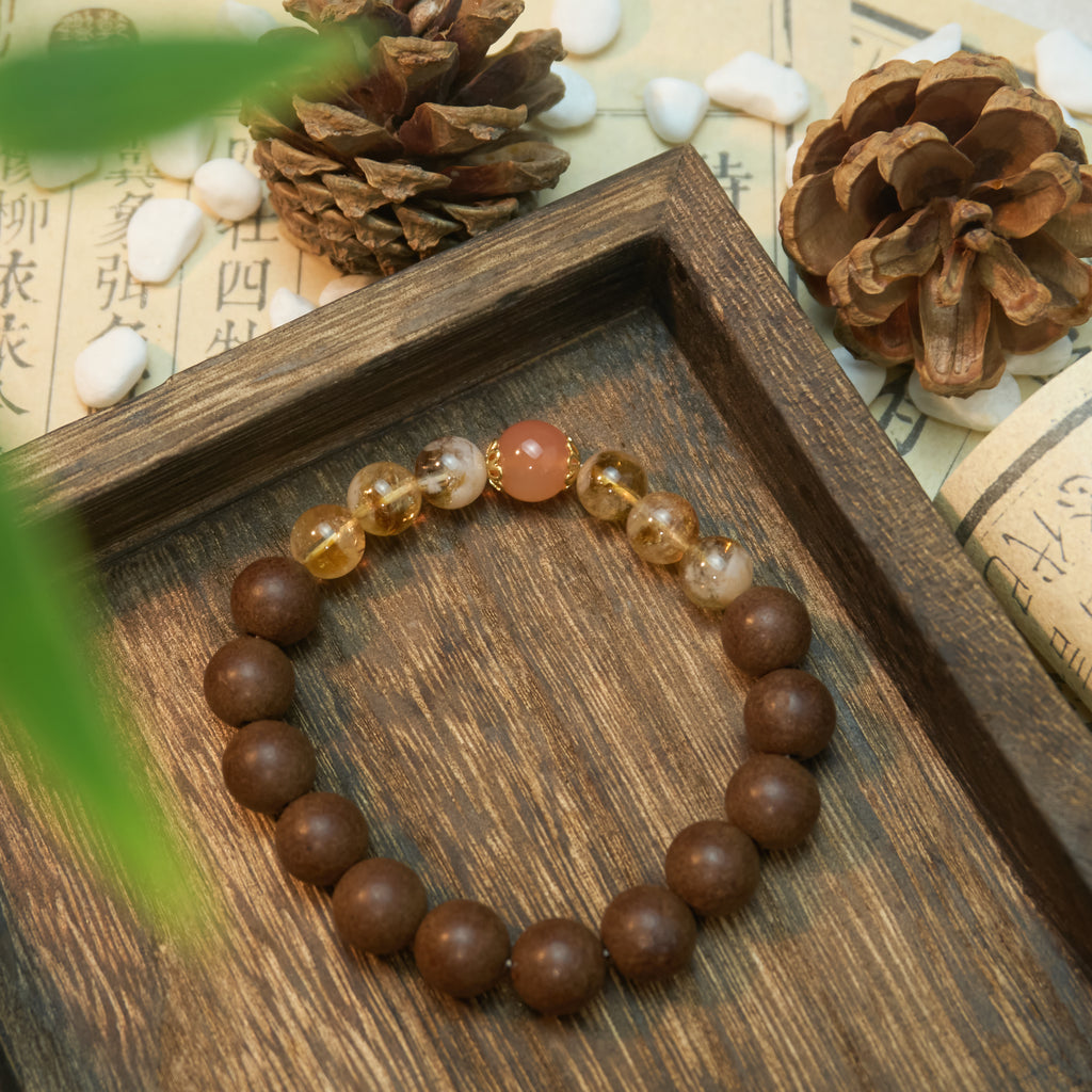 Chinese Handcrafted Hexiang Incense Bead Bracelet · "Snowy Spring Message (Yellow)" | 12 Incense Beads + 7 Jade Pieces | Herbal Healing Bracelet