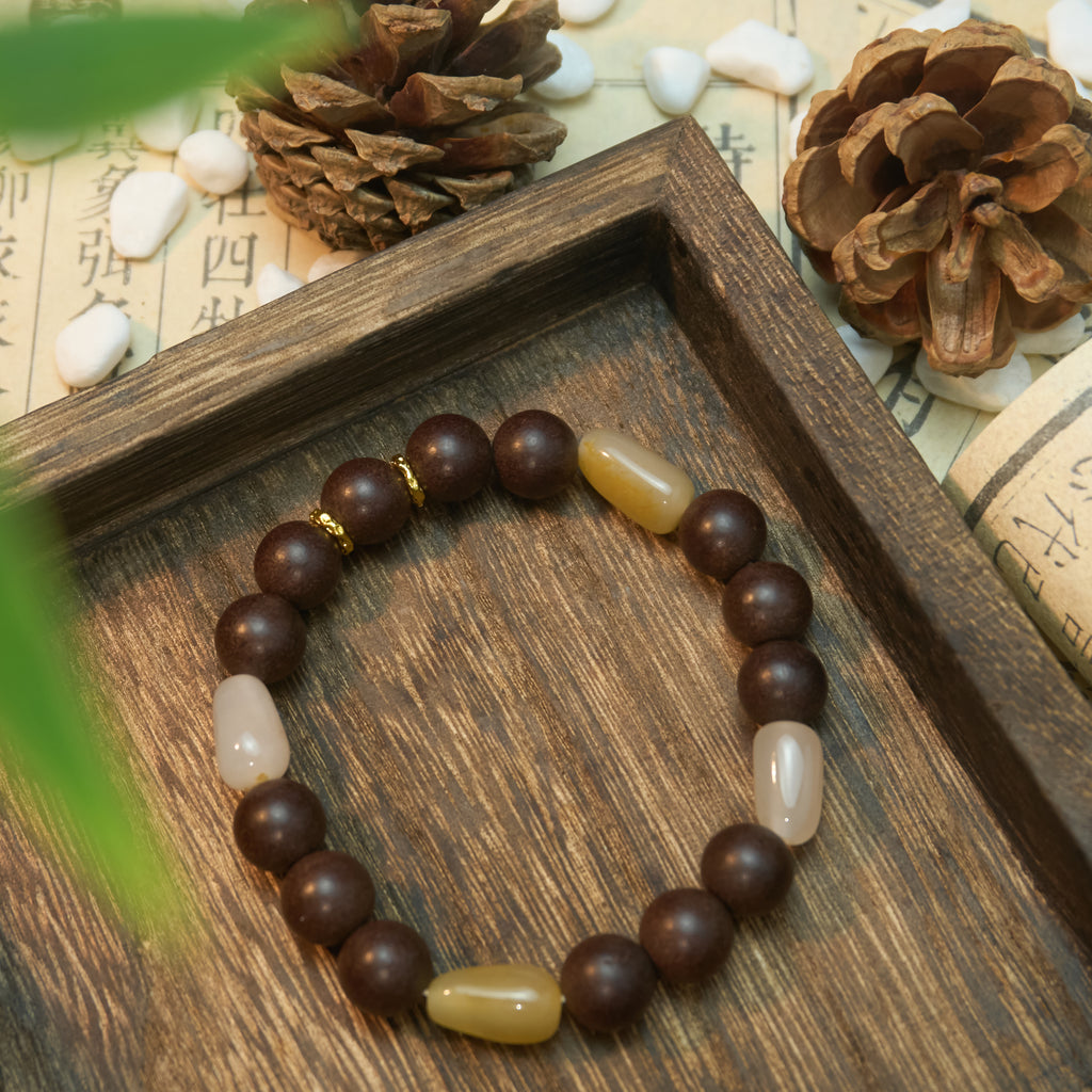 Chinese Handcrafted Hexiang Incense Bead Bracelet ·"Xuanhe Jiangzhen" | 14 Incense Beads + 4 Jade Pieces | Herbal Healing Bracelet