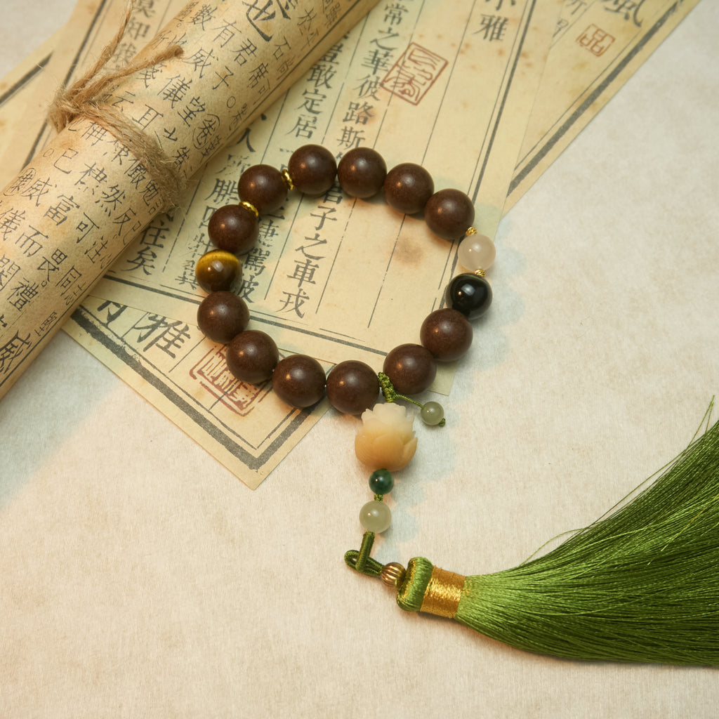Chinese Handcrafted Hexiang Incense Bead Bracelet · "Snowy Spring Message (Lotus)" | 12 Incense Beads + 3 Jade Pieces | Tassel Accent