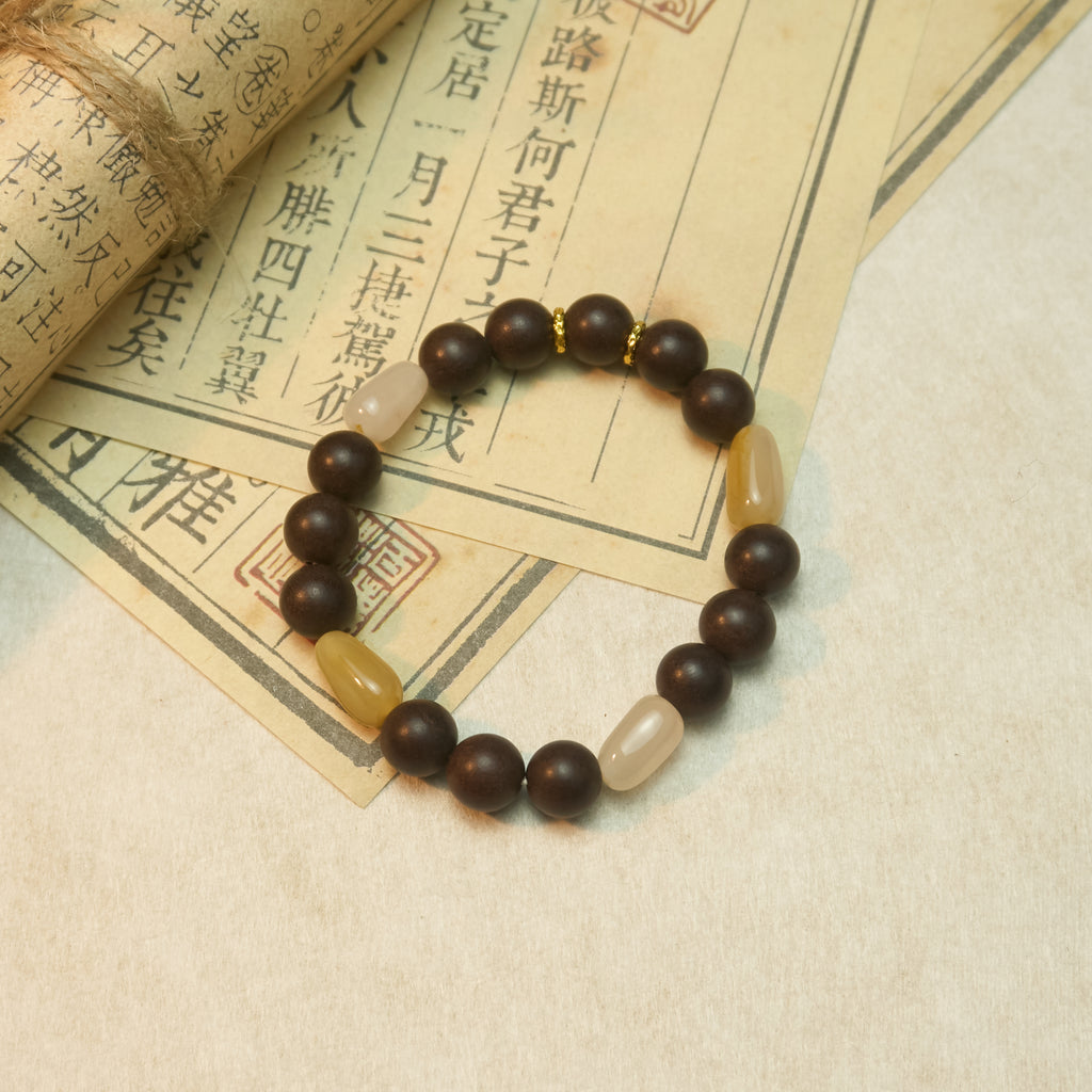 Chinese Handcrafted Hexiang Incense Bead Bracelet ·"Xuanhe Jiangzhen" | 14 Incense Beads + 4 Jade Pieces | Herbal Healing Bracelet