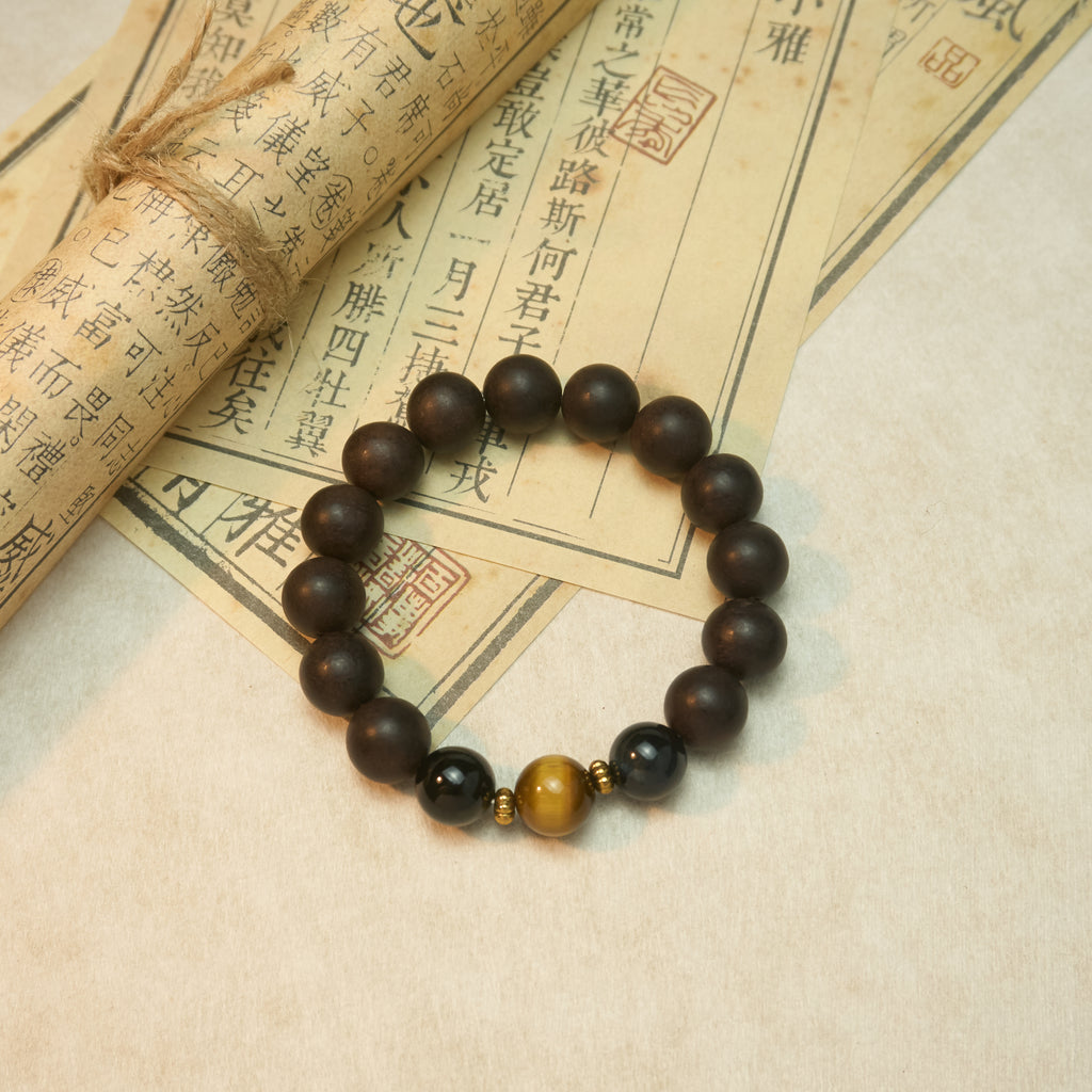 Chinese Handcrafted Hexiang Incense Bead Bracelet for Men · "Black Tiger" | 16 Incense Beads + Tiger's Eye & Obsidian Accents